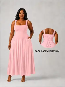 Sculpt Touch Snatch Plus Size Friendly Sleeveless Square Neck Maxi Dress with Lace-Up Back, Waist-Defining Elegant Outfit for Every Occasion