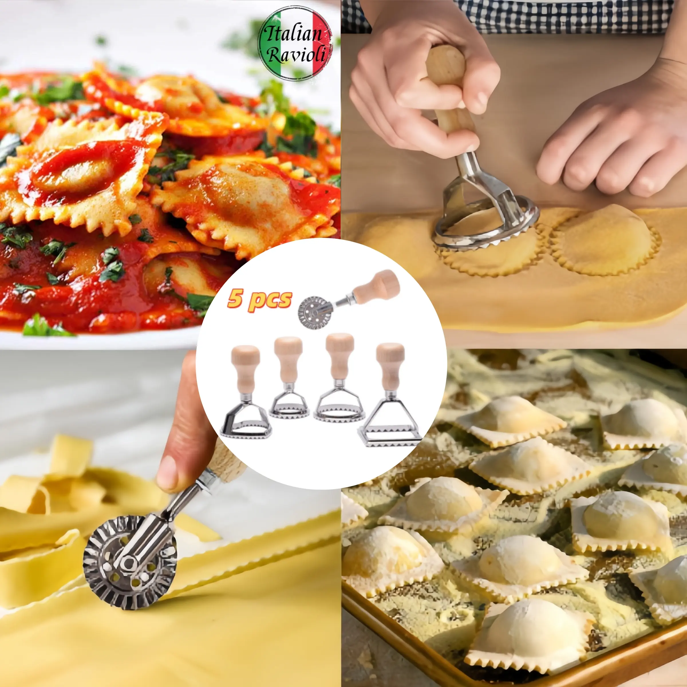 5 PCS Ravioli Pasta Cutter Wheel Set, Biscuit Maker Press, Ravioli Makers with Roller Ravioli Stamp Cutter Set with Wooden Handle, Pasta Press Wheel Pasta Maker Tools for Pasta Making Dumplings and Biscuit