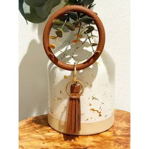 Solid PU Leather Wristlet Bangle Key Chain