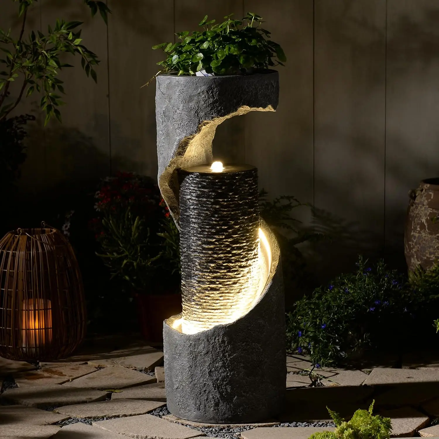 Tankana 35.5" H Water Fountain Outdoor Modern Spiral Waterfall Indoor, Bubbling Garden Fountain with LED Light for Patio Deck and Living Room Corner, Gray