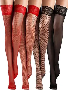 4 Pairs Fishnet Thigh High Stocking for Women Silicone Lace Top Sheer Over Knee Stockings