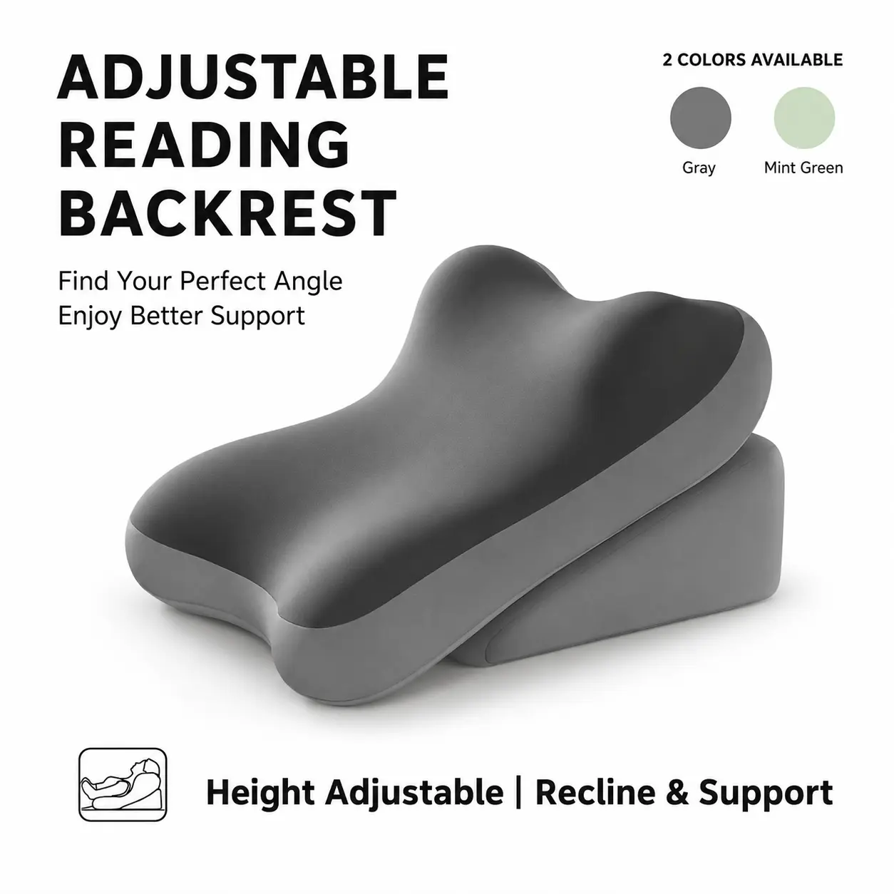 Supportive 2-Piece Angle-Adjust Reading Backrest Pillow with Wedge Base, Rayon Blend Ergonomic Reclining Support for Sitting Up in Bed/Sofa