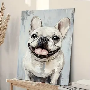 2D Flat Smiling French Bulldog Canvas Art Print with Wooden Frame - Modern Waterproof Wall Decoration, Artistic Home Decor, Easy Hanging for Living Room, Bedroom - Unique Gift Idea, Dog Themed Home Supply
