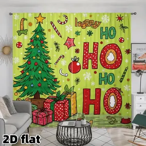 2D Flat 2Pcs Christmas Window Curtains, Festive Ho Design, Green Tree with Presents, Lime Background Snowflakes, Rod Pocket Style, Semi Sunshade Polyester, for Living Room Bedroom Kitchen Holiday Decoration, Window Decorations Supplies, Easy to Clean