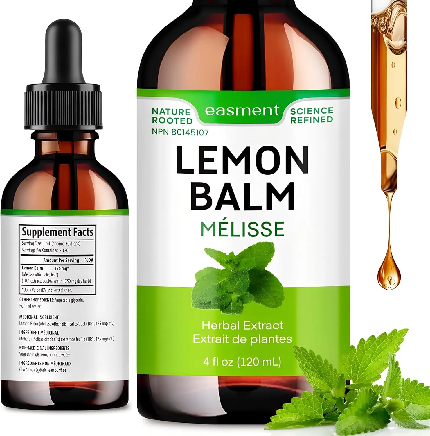 Lemon Balm Extract Liquid Drops Dietary Supplement (4 fl oz) - 10:1 Melissa Officinalis Leaf Tincture, Easy Calm Support Vitamins Supplements, Daily Supplemental Nutrition Support, Digestive Comfort, Tea-Mixable, Alcohol-Free, No Added Sugar