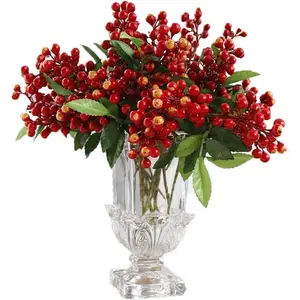 Red Artificial Berry Stems Fruit Fake Silk Berries for Holly Christmas Festival and Home, Pack of 6 (RED)