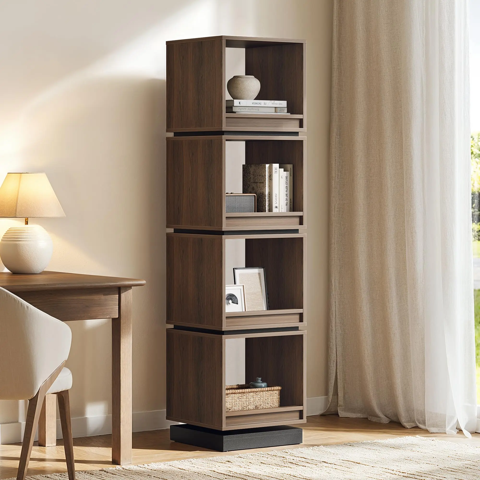 ModernMate 4-Tier Rotating Wood Bookshelf Tower - Durable Waterproof 360° Spinning Narrow Tall Organizer, Single Unit Home Library Book Organization for Living Room, Home Office (No Fire Safety Label, Seat Lock)