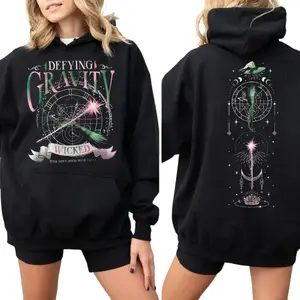 Wicked Defying Gravity Hoodie, Pink And Green Changed For Good Crewneck, Wicked The Musical Shirt 2 Sides, Broomstick Magic Wand Movie Fan Hoodie