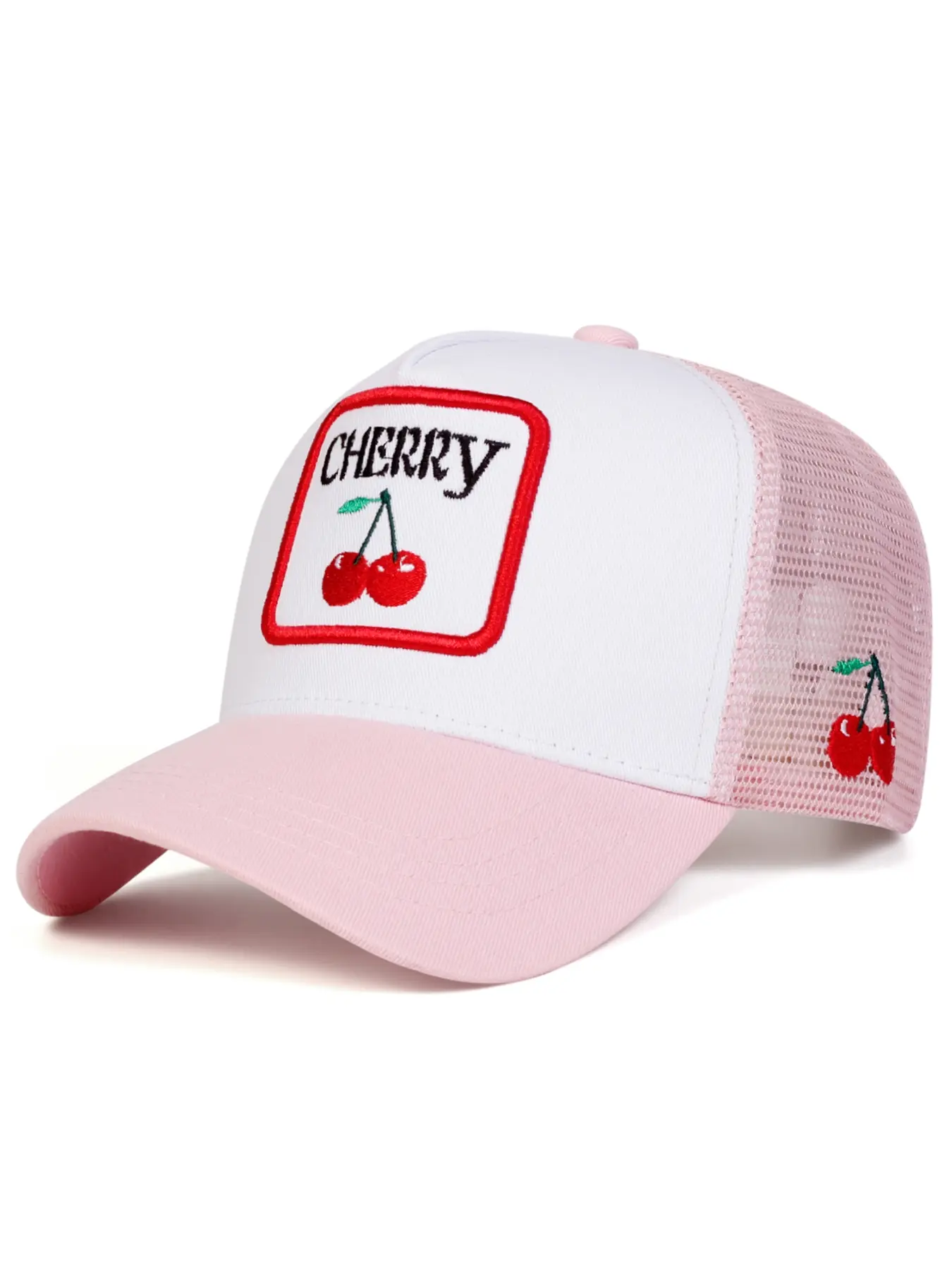 Unisex Cherry Letter Mesh Baseball Cap, Adjustable Sun Protection Hat, Casual Fitted Design, Perfect for Travel Beach Vacation