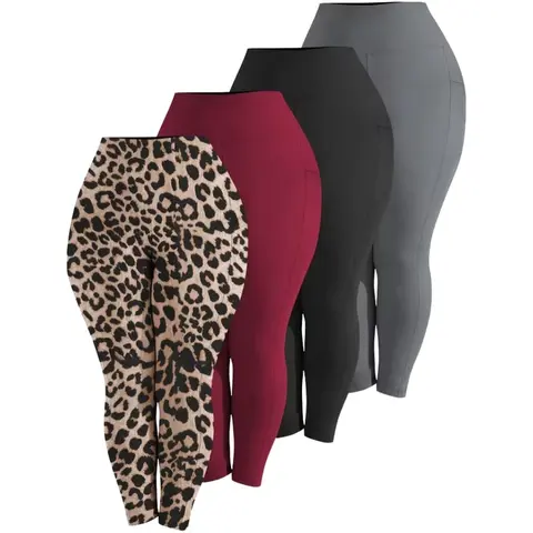 Women's 4-Pack High Waisted Spandex Leggings with Pockets - Plus Size (5XL) Curvy Clothing, Abdominal Firming, Body Shaping Activewear, All-Seasons Polyester Blend for Yoga, Lounge