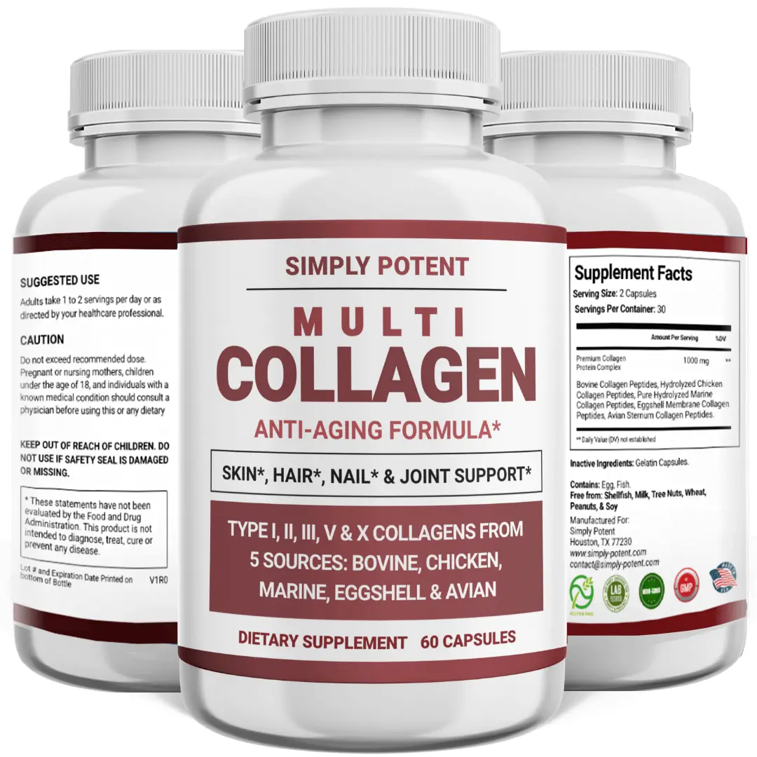 Simply Potent Multi Collagen Protein Dietary Capsules - 5 Types, 60 Count, Beauty Support, Collagen Boost, Anti-Aging Supplement for Hair, Skin, Nail Health