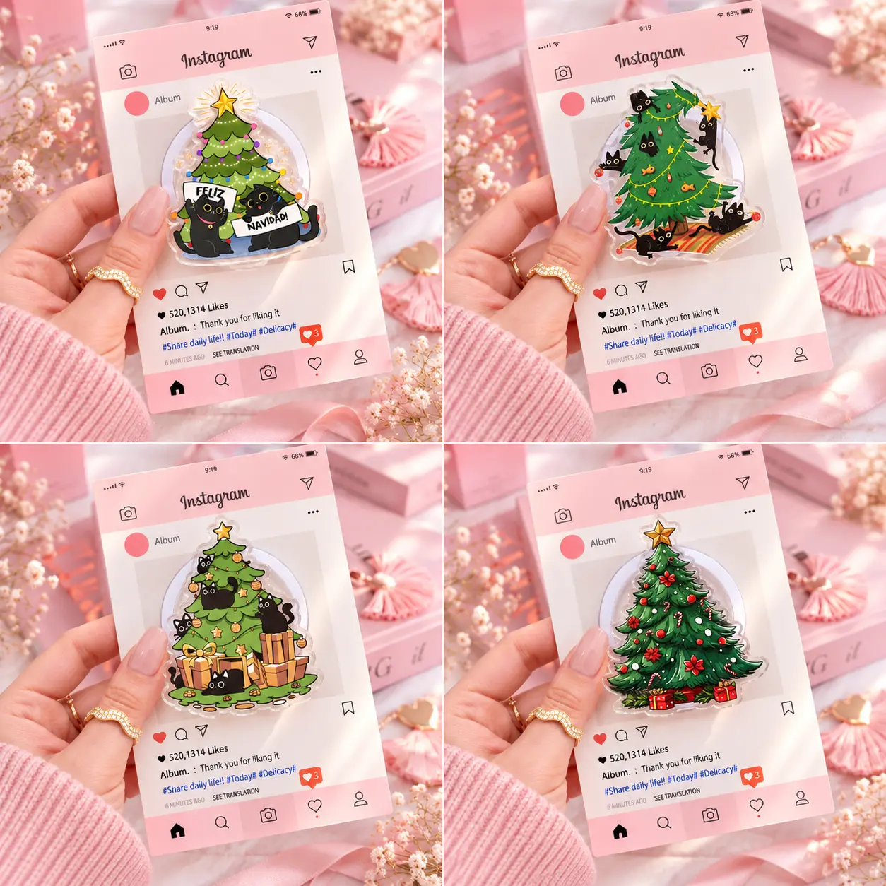 Holiday Black Cat and Christmas Tree Instagram Phone Grip Collection, Acrylic Pop Phone Stand Holder