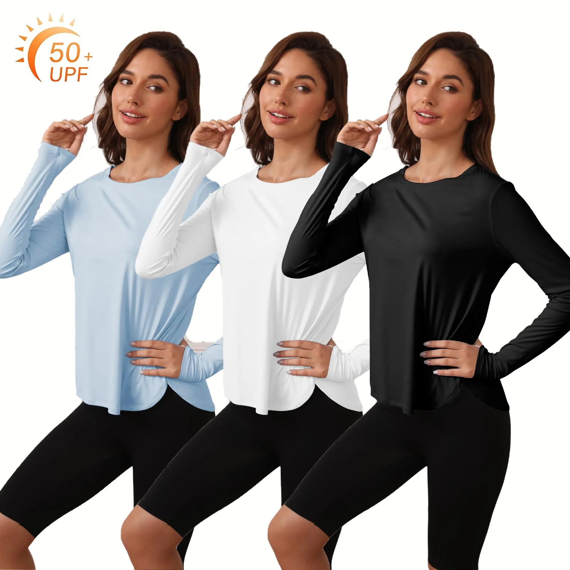 Women's Lightweight Long Sleeve Sun Protective T-Shirt - Light Grey Solid, Curved Hem, UPF 50+ SPF, Machine Washable, Travel Friendly, Durable Casual Wear for Hiking, Outdoor Fitness, Fishing, Running