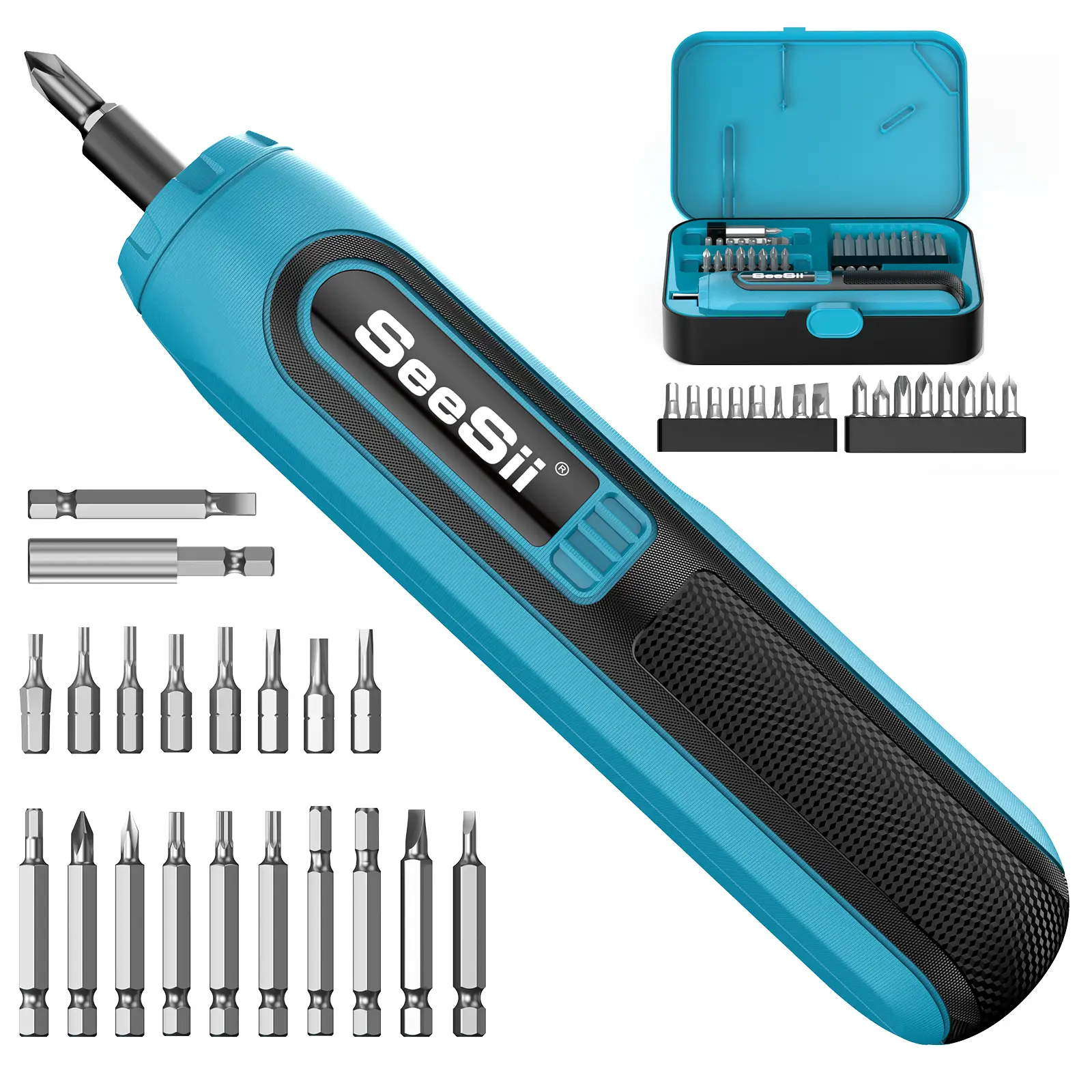 Seesii Electric Screwdriver, 37 Metal Bits, Max 6 N.m, 4 Torque Settings, 2000mAh Battery, LED Light Power Screwdriver Kit for Furniture/Computer/Elec