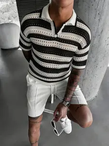Men's Summer Hollow Out Striped Polo Shirt, Breathable Knit Short Sleeve, Loose Casual Collared Top, Fitted H-Type Silhouette