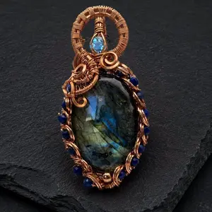 Labradorite, Aquamarine & Lapis Copper Pendant Necklace • Wavebinder • Wire Wrapped Jewelry