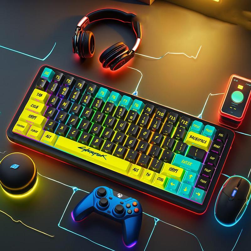 Cyberpunk Theme Keycap, 1 Set 129 Keys OEM Height PBT+PC Material Side Engraving Light Transmission Process Keycap, Universal Gaming Keyboard Keycap, RGB Backlight Keycap