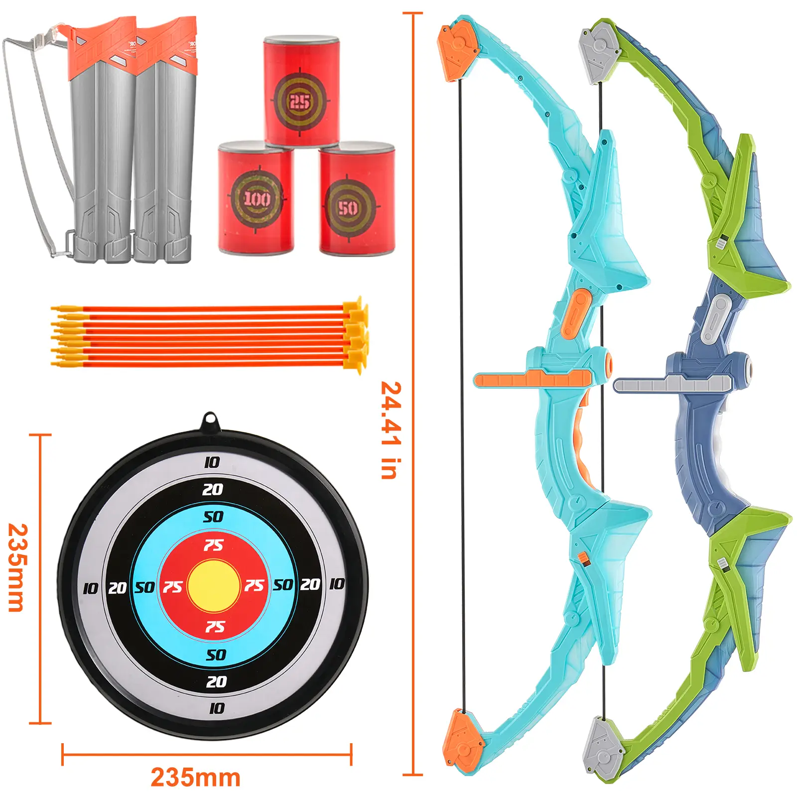 VEVOR Bow and Arrow Set for Kids, 2 Pack LED Light Up Archery Set with 20 Suction Cup Arrows, 2 Hanging Targets, 2 Quivers, 3 Target Cans, Outdoor Toy