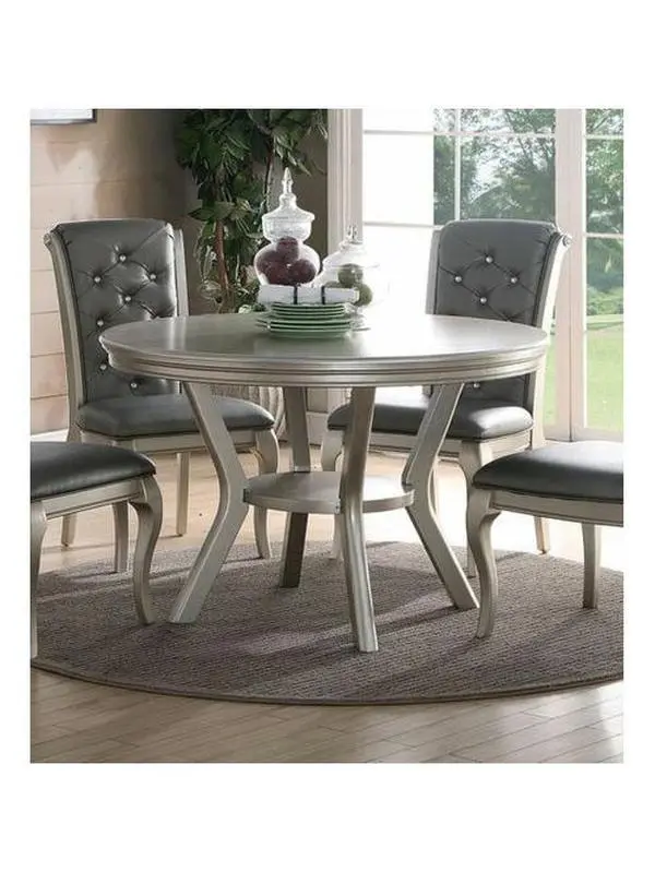 Bellemave 5-Piece Glam Look Indoor Formal Set - Solid Wood 48" Silver Hue Round Table with Bottom Shelf, 4 PU Leather Tufted-Back Side Chairs, 30in Height, 70lbs Indoor Furniture, Requires Assembly