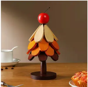 Wooden Trivets for Hot Dishes with 4 Pieces Wood Table Mat Collapsible Christmas Tree Shape Insulation Nonslip Mat for Teapot Hot Pots,Home Desktop Decorations, Red