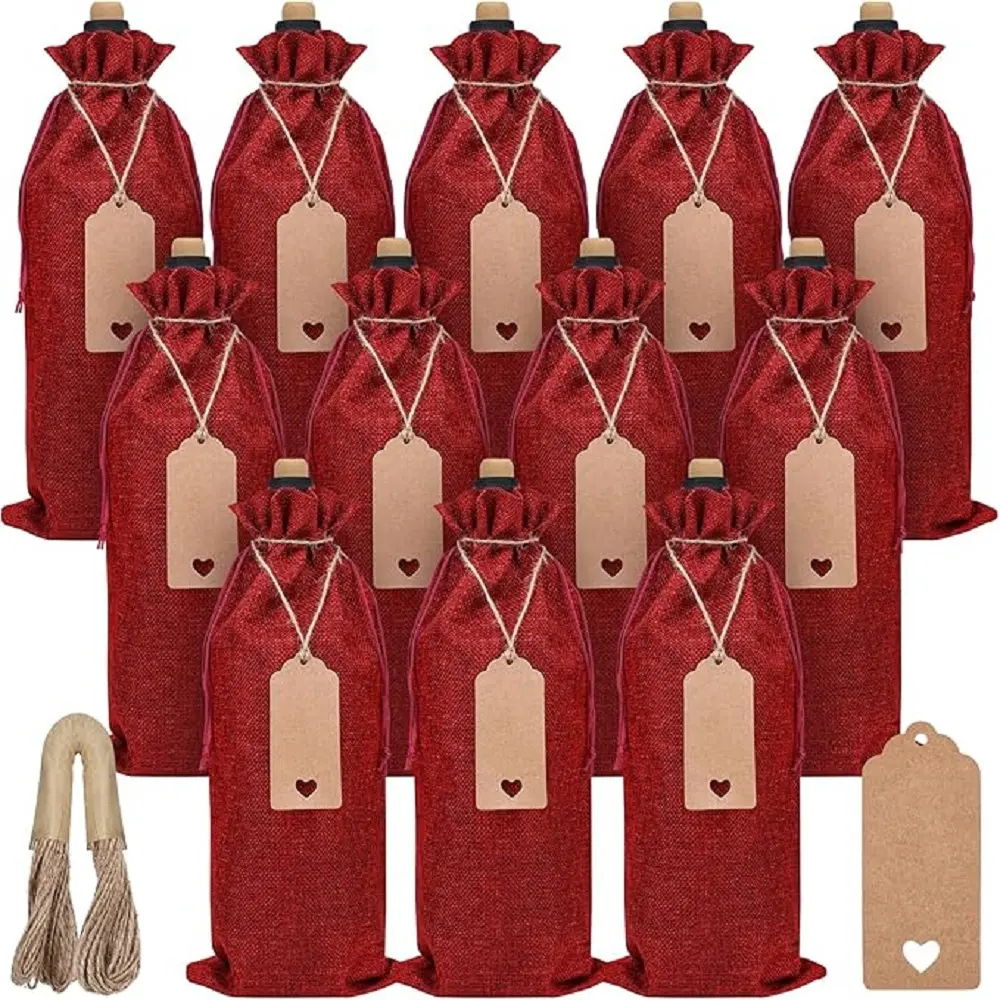 Reusable Wine Bag, 12pcs/set Reusable Wine Gift Bag with Drawstrings Tag & Rope, Gift Packaging Supplies for Wedding Birthday Holiday Party