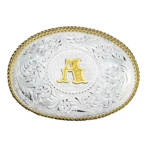 Montana Silversmiths Initial Silver Engraved Gold Trim Western Belt Buckle