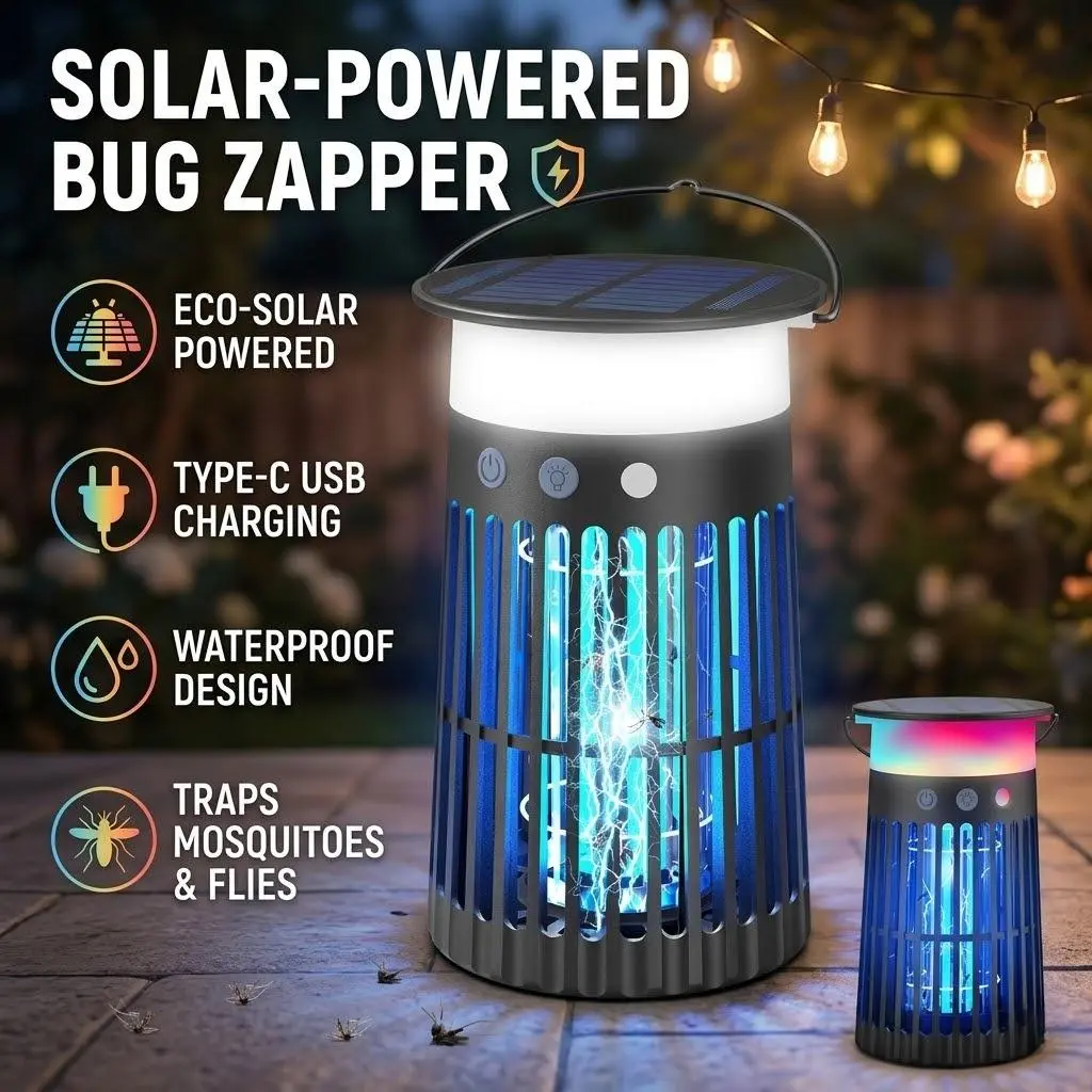 SAIJZEK Solar Powered Bug Zapper - 4-in-1 Rechargeable Mosquito Trapper, USB-C Fast Charge, IPX5 Waterproof, RGB Ambience Light, LED Camping Lantern, UV Control for Gnats, Moths, Patio, Camping