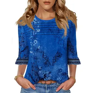 Womens Tops 3/4 Length Sleeve Dressy Casual Shirts Bell Sleeve Front Pleated Fasion Trendy Summer Blouses 2026