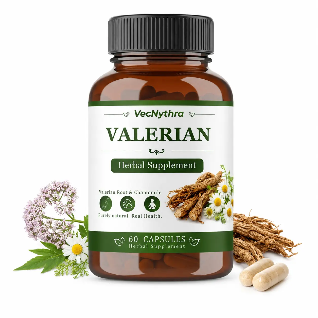 VecNythra Valerian Root Capsules with Chamomile & L-Theanine, Melatonin-Free Nighttime Wellness Formula, 60 Vegetable Capsules