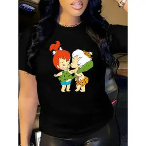 Women's Plus Size Cartoon Print T-Shirt - Black Graphic Tee with Playful Animated Characters, Casual Short Sleeve Round Neck Top, Stretch Knit Fabric for All-Season Comfort Fit, Machine Washable