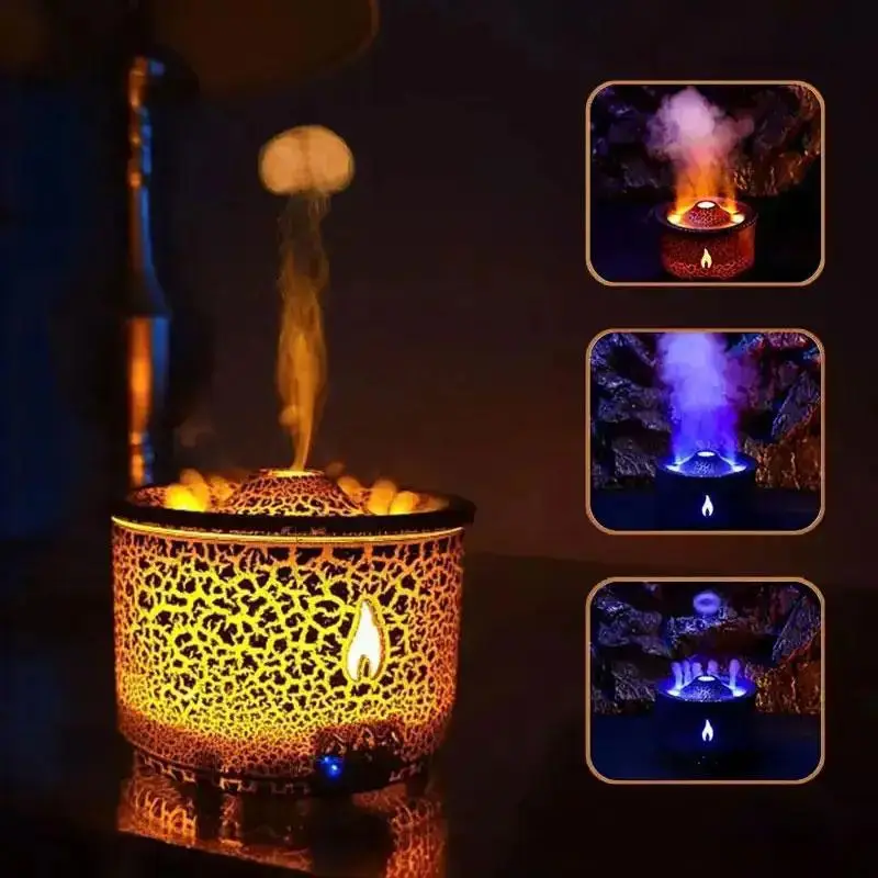 Volcano Diffuser Humidifier, Portable Aroma Diffuser Humidifiers with Night Light, Auto Shut-off Humidifier for Bedroom, Creative Flame Air Humidifier