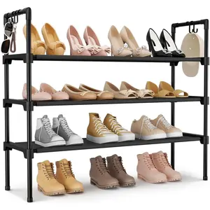 3 Tier Shoe Rack for Closet, Shoe Organizer with 5 Hooks, Long Shoe Shelf Storage for Sneaker and Boot Stackable Free Standing Shoe Rack for Entryway, Garage, Small Spaces, Dorm
