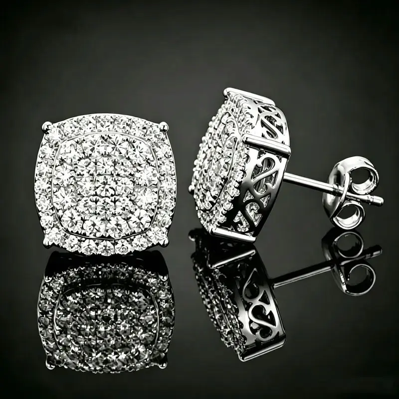 18K Gold Plated Square Rhinestone Stud Earrings, AAA 12-Facetted AAAA Cubic Zirconia 360° Sparkle Geometric Jewelry, Minimalist Unique Trendy Unisex Studs, 2026 New Arrival Versatile Summer Accessory, Birthday Gift Box for Girlfriend Women sohochic
