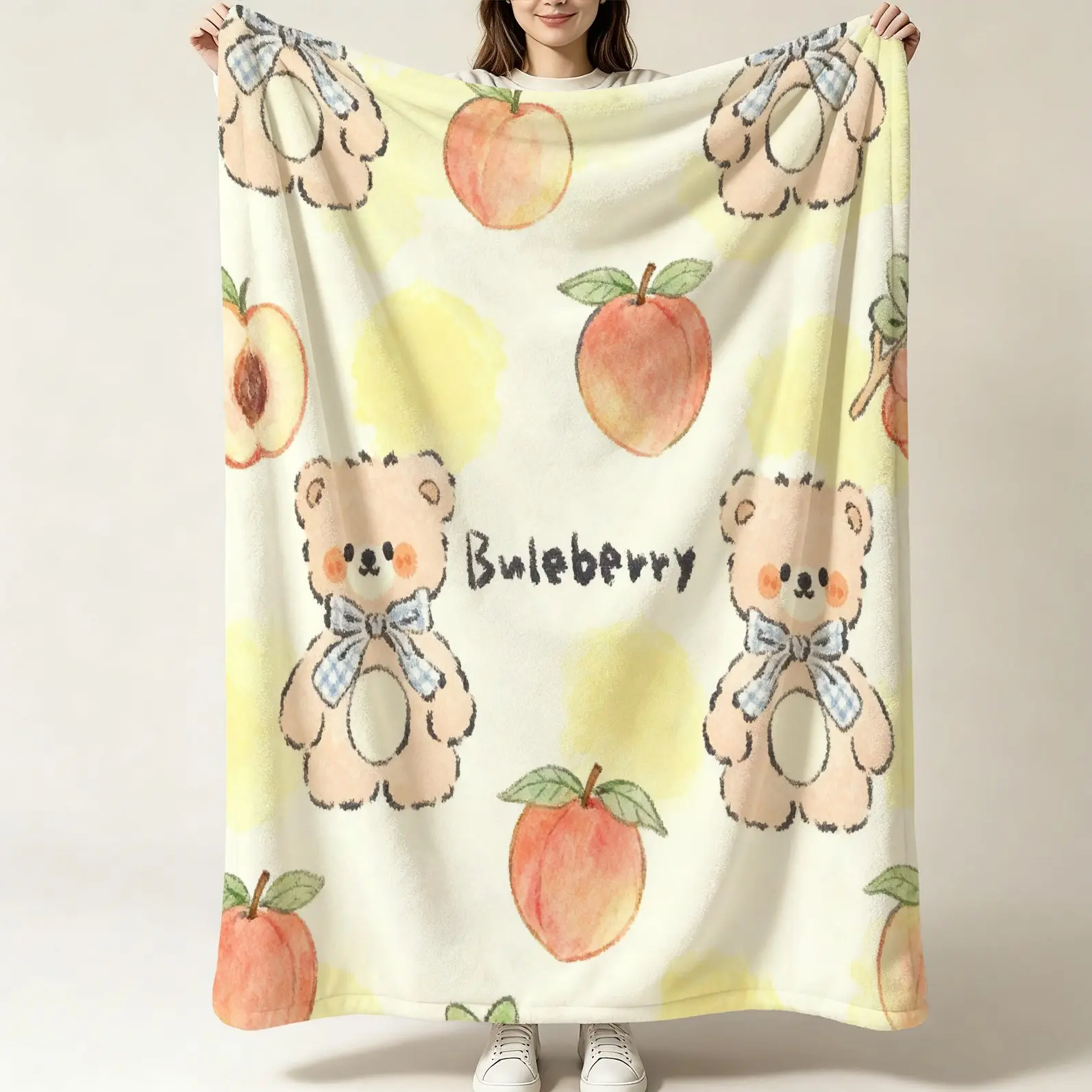 1 Piece Watercolor Bear & Peach Flannel Blanket, Cute Coquette Aesthetic Blanket, Bear Single-Side Printed Warm Blanket, Soft Lightweight All-Season Blanket, Suitable for Sofa, Bed, Dorm, Travel, Ideal All-Season Gift Blanket