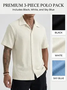 3-piece Men's Textured Button Front Shirt, Casual Regular Fit Short Sleeve Collared Top for Summer, Summer Leisure Top 2026, Men's Clothes for Daily Wear
