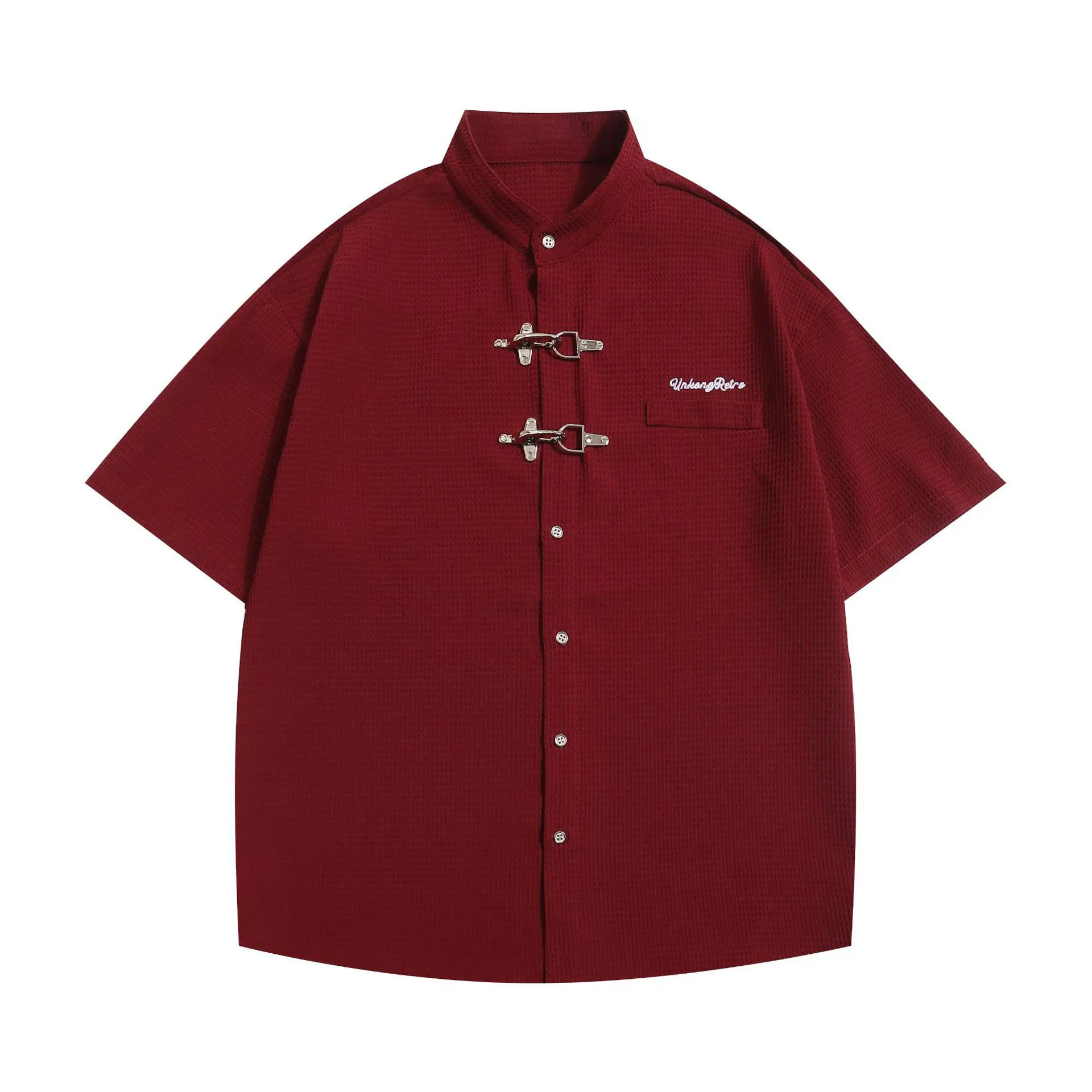 Inflation Waffle Knit Short Sleeve Shirt Metal Toggle Button 2026 Spring Summer Vintage Y2K Streetwear Aesthetic Oversized Top