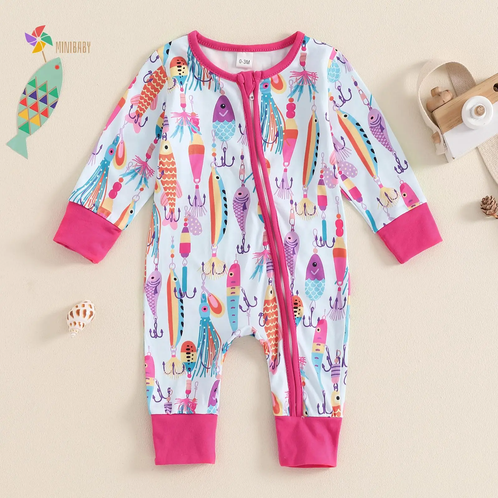 Newborn Baby Boy Girl Fishing Outfit Long Sleeve Zipper Fish Print Romper Jumpsuit Infant Coming Home Clothes