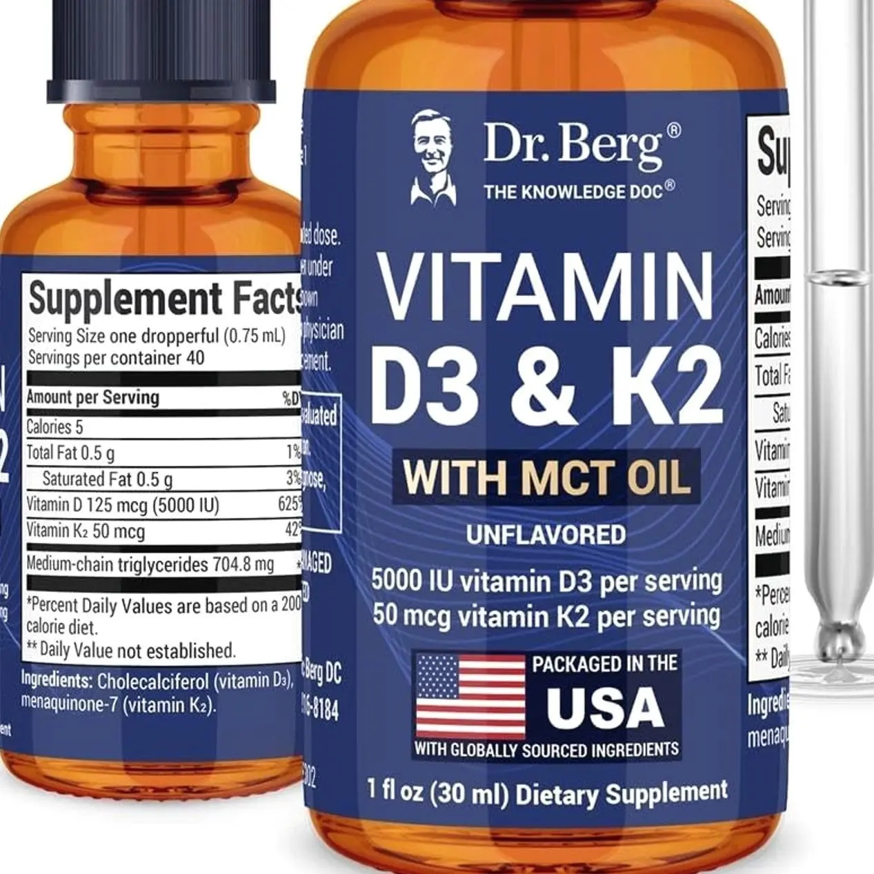 Dr. Berg Maximum Strength Vitamin D3 K2 Liquid Drops with MCT Oil – 5,000 IU Liquid Vitamin D3 with K2 – Supports Strong Bones, Heart, Energy, Immunity, and Overall Vitality* - Unflavored 1 Fl Ozundefined