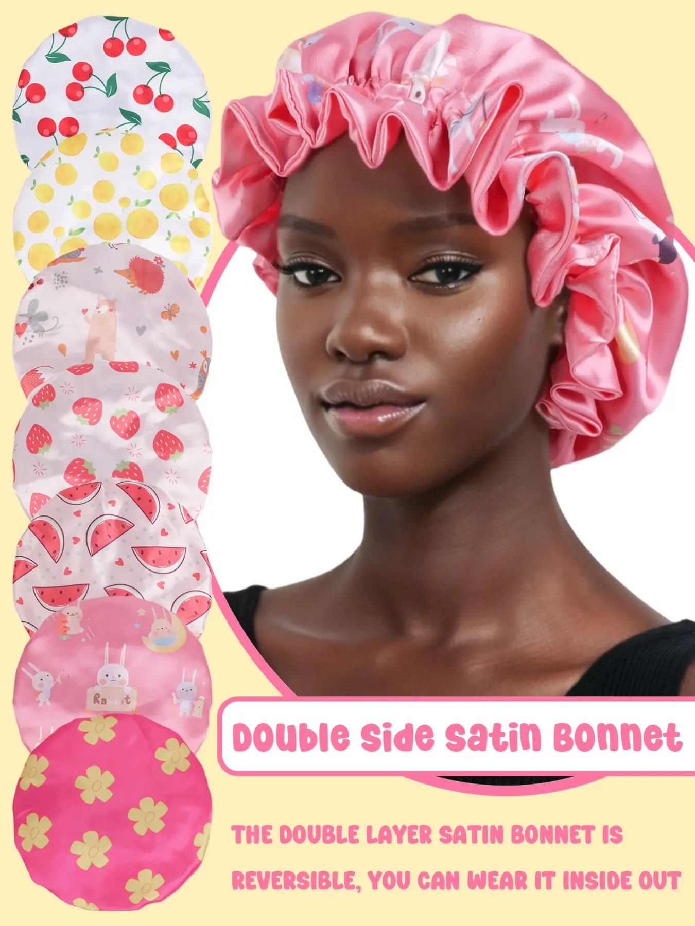 Cartoon Fruit Print Lace Sleep Cap, Cute Fashionable Sleeping Hat, Suitable for Braids and Curls, Comfortable Hair Protection, Satin Hair Bonnet