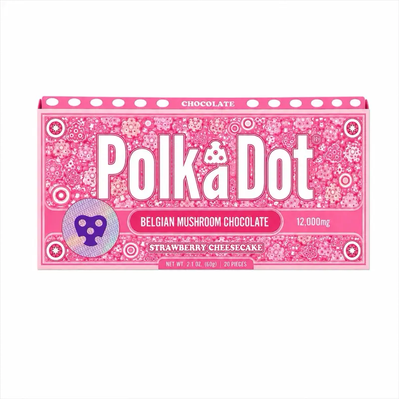 Polkadot Belgian Chocolate, Strawberry Cheesecake, 20 Count, High Potency Plant-based Mushroom Snack, 100% Organic, High-Quality Ingredients, Made in USA, All Natural, Healthy Chocolate, 20 Piece Chocolate Bar