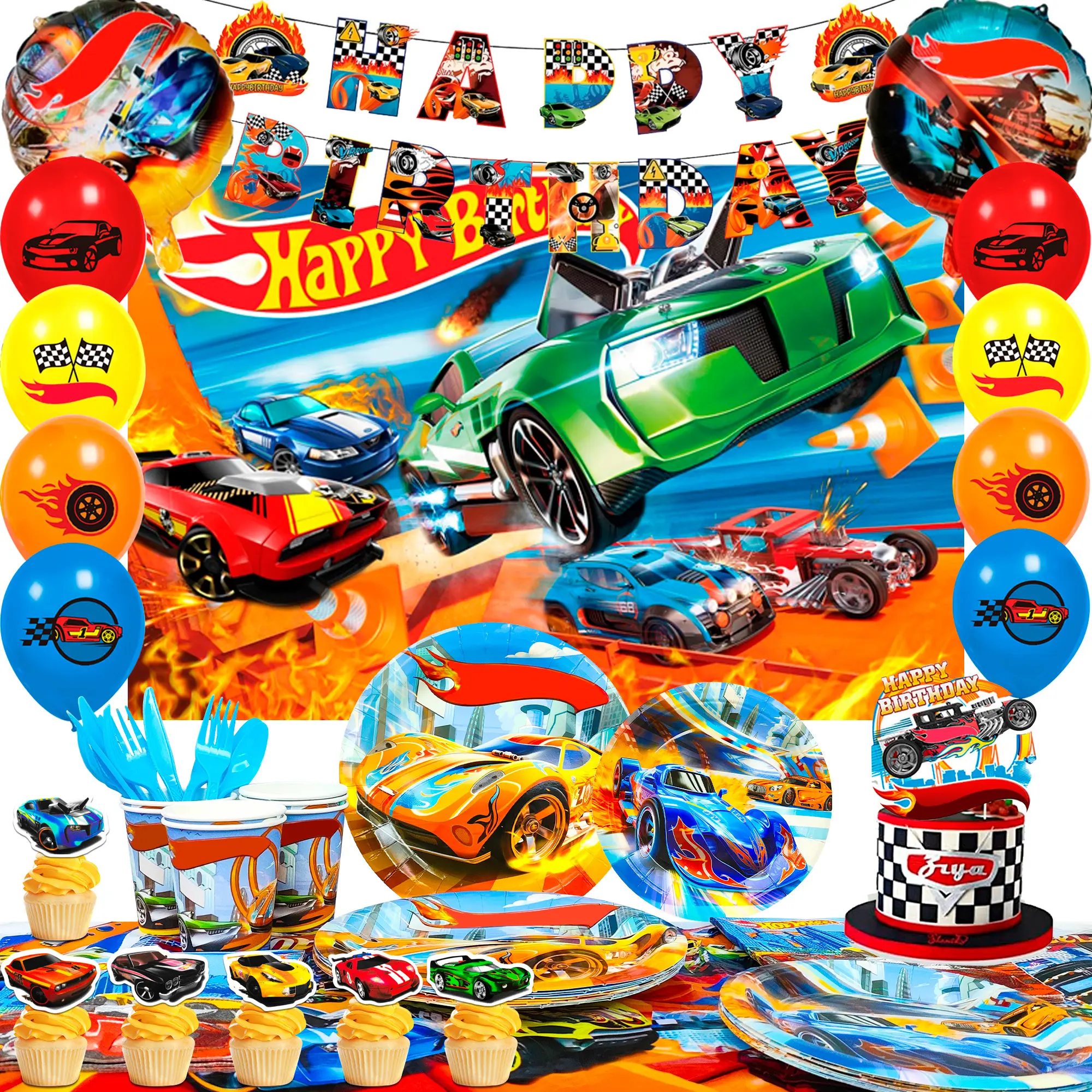10 Guests Racing Birthday Party Tableware, 114 Pcs Hot Car Party Plates Napkins Wheels Balloons Banner Backdrop Cake Toppers etc for Racing Hot Car Birthday Party Decorations Supplies