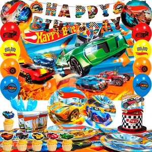 10 Guests Racing Birthday Party Tableware, 114 Pcs Hot Car Party Plates Napkins Wheels Balloons Banner Backdrop Cake Toppers etc for Racing Hot Car Birthday Party Decorations Supplies