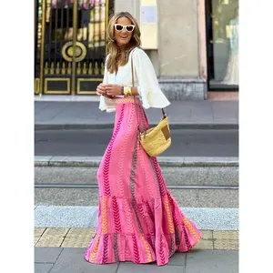 Boho Pink Patterned Tiered Maxi Cotton Skirt Leather Womenswear