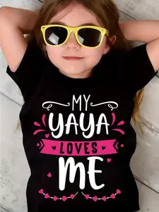 MY YAYA LOVES ME" Girls' Soft Cotton T-Shirt - Casual Round Neck, Short Sleeve Summer Top with Playful Pink Lettering &amp; Hearts Design, Machine Washable, Comfortable Knit Fabric for Youngsters