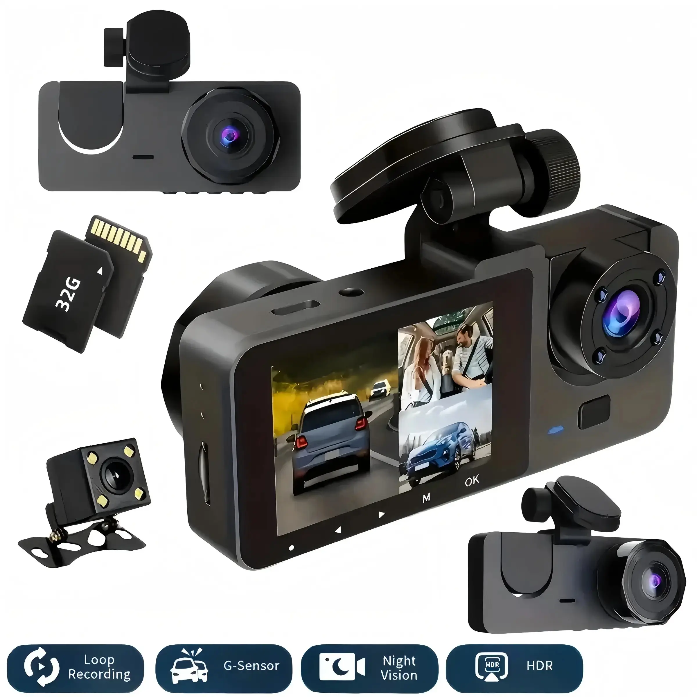 3 Channel HD 1080P Car Dash Cam with Front Rear Interior Cameras, 32GB Memory Card, Night Vision, G Sensor, Motion Detection, 2 Inch Screen, Dash Camera For Car With Rear Camera Accident, Automotive Video Recorder, Video Dashcam, Dashcams For Cars