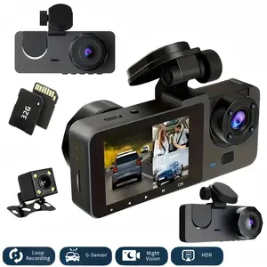 3 Channel HD 1080P Car Dash Cam with Front Rear Interior Cameras, 32GB Memory Card, Night Vision, G Sensor, Motion Detection, 2 Inch Screen, Dash Camera For Car With Rear Camera Accident