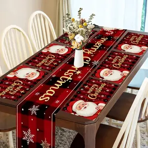 1 piece/5 piece set/7 piece set, Christmas checkered pattern table flag and placemat set, holiday dining table decoration, kitchen accessories, indoor and outdoor and daily table decoration, holiday themed party decoration set, Overlay Table Cover
