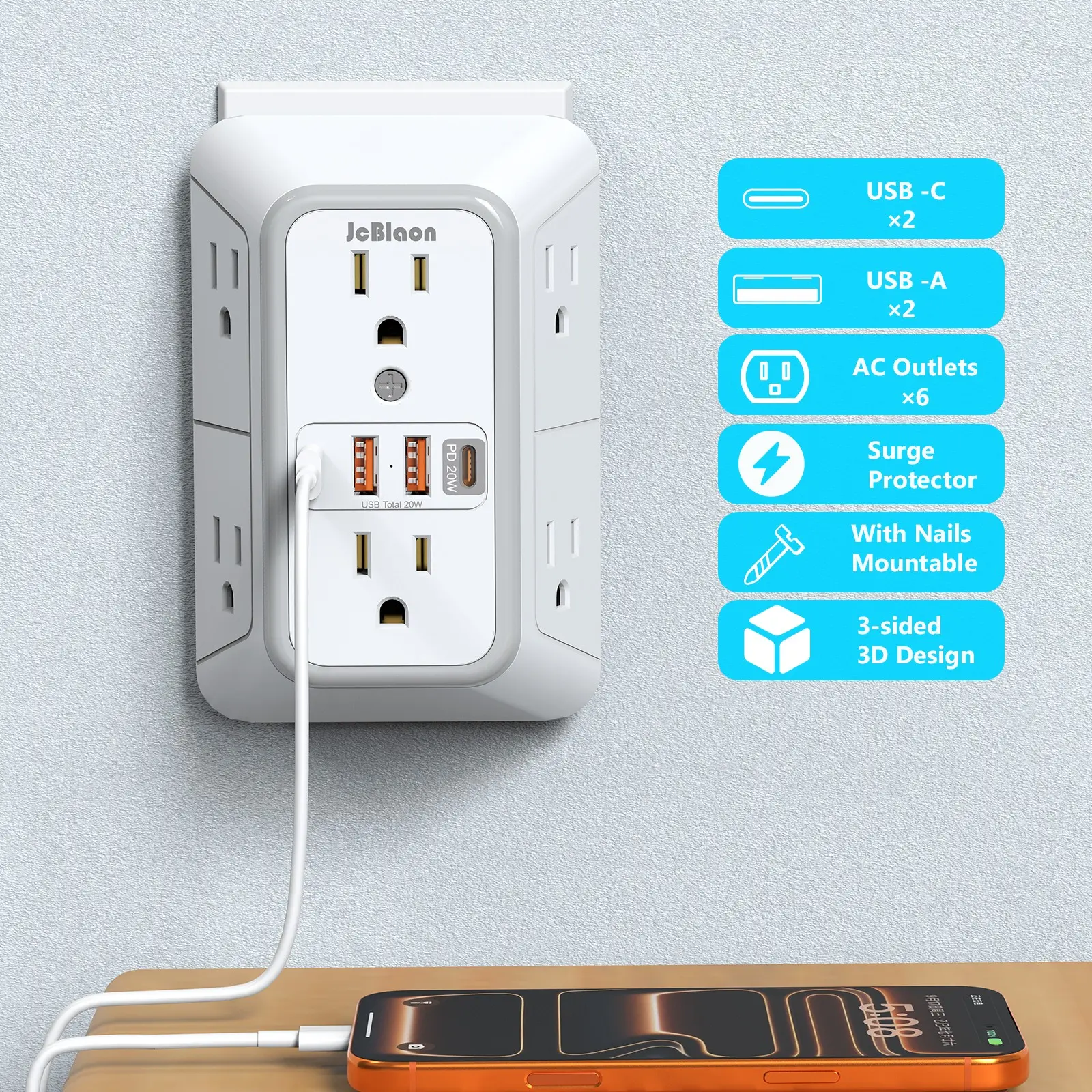 JcBlaon Surge Protector Multifunctional Power Strip, Power Socket, 3-Sided Multi Plug Outlet Extender with 6 Outlets & 4 USB Ports (PD 20W), 1050J Wall Charger for Home Office Essentials, USB Plug In, Surge Protector Power Strips Multiple Outlets