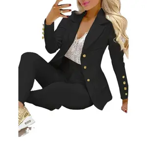 Business Casual Two-Piece Suit, Double Breasted Lapel Blazer and Slim Pants, Women's Clothing Top White.