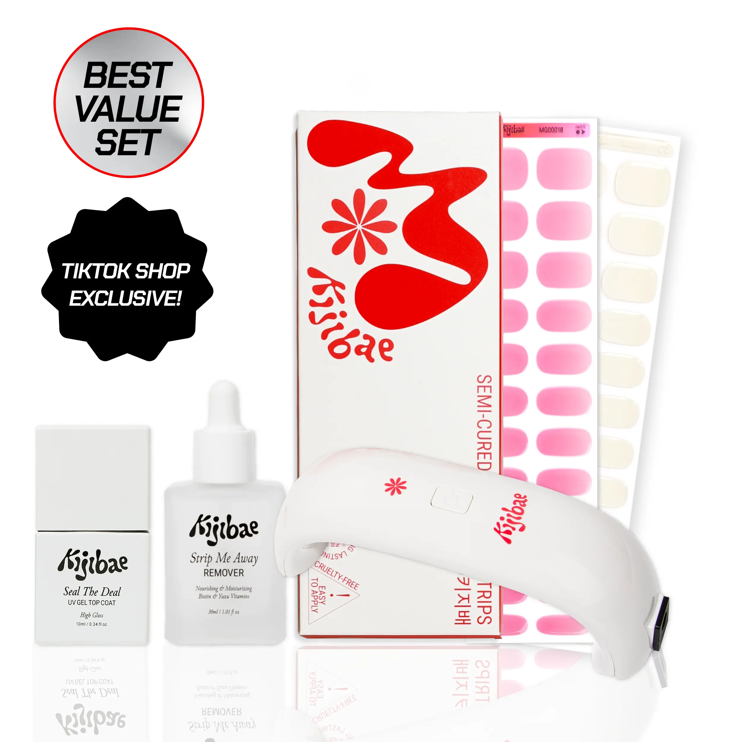 Kijibae | Ultimate DIY Nails Starter Kit | Best-Sellers Bundle for DIY Gel Nails | Wifey and I’m Blushing Gel Strips |  UV Lamp + Top Coat + Remover | Back To School Gift